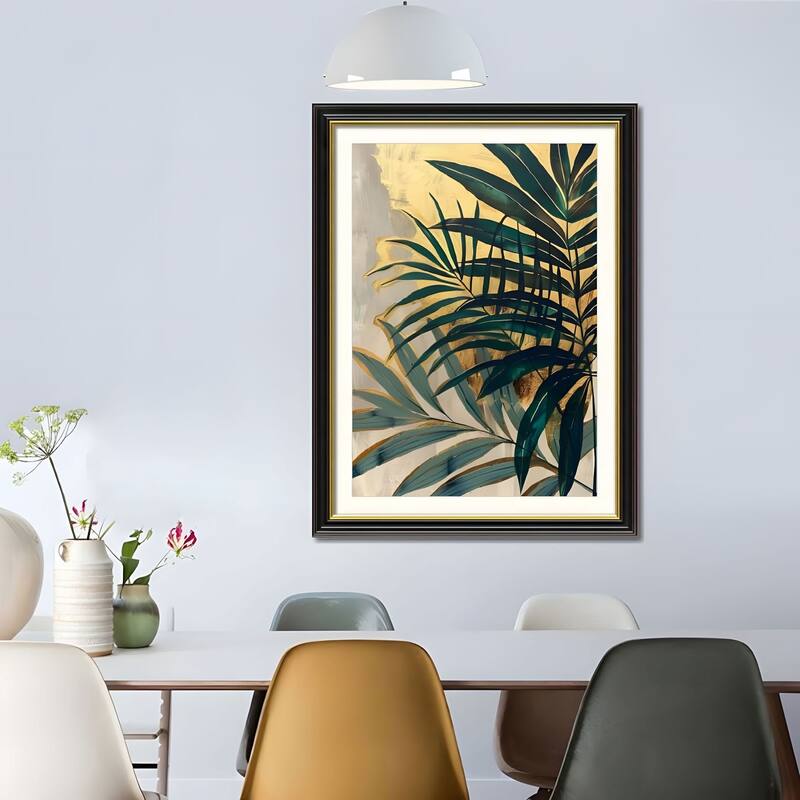 Set of 2 Tropical Palm Leaf Framed Wall Art - Replaceable Canvas Prints with Solid Wood Picture Frames, Modern Botanical