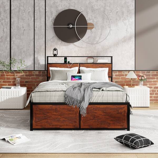 slide 2 of 15, Queen Bed Frame with Storage Headboard and 12 Drawers LED Lights, Metal Slats Support Rustic Brown
