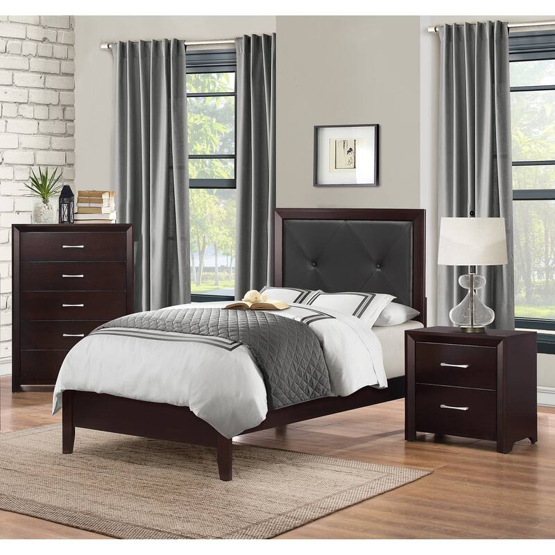 Contemporary 3pc Bedroom Espresso Finish Bed Chest Nightstand Set - Twin