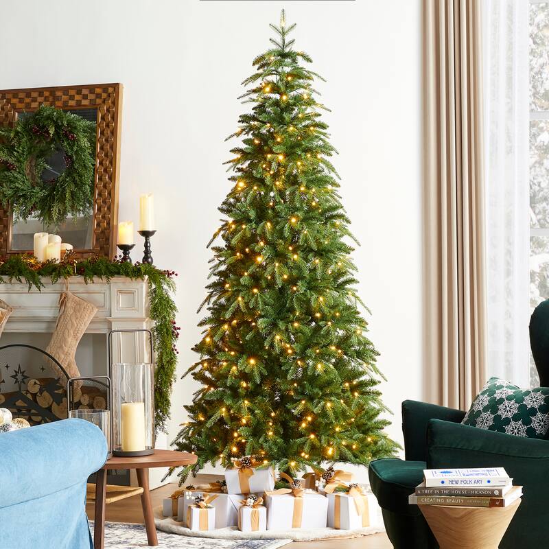 Glitzhome 7.5FT/9FT/11FT/15FT Pre-Lit Green Slim Fir Artificial Christmas Tree with Remote Control