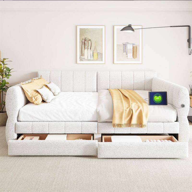 Queen Size Upholstered Daybed with 2 Storage Drawers, Modern Daybed Frame Sofa Bed with USB Port and Armrest