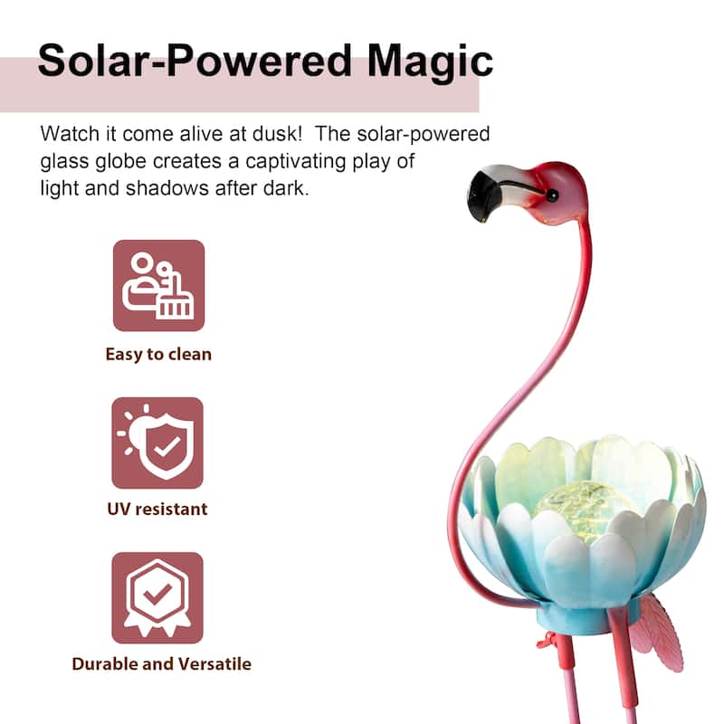 Glitzhome 26.25"H Metal Solar Lighting Standing Flamingo Garden Statue