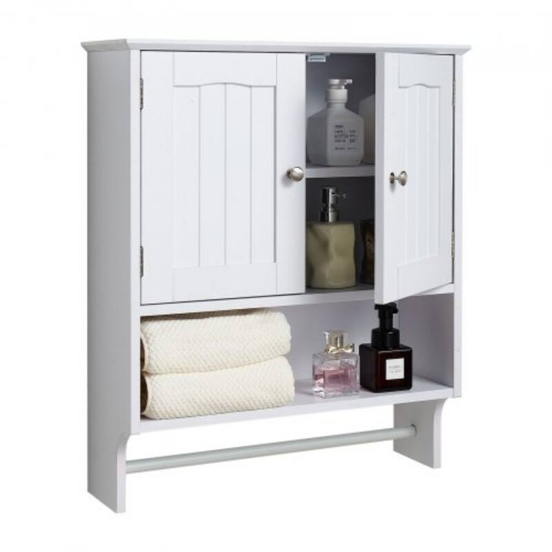 White Wall-Mounted Bathroom Cabinet with Adjustable Shelves and Multi-Layer Storage Towel Bar - 23” x 8” x 27”