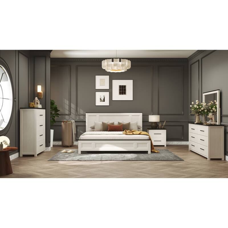 Roundhill Furniture Realynn 5-Piece Wood Bedroom Set, Panel Bed with Dresser, Mirror, Chest, and Nightstand, Off-White Finish - King