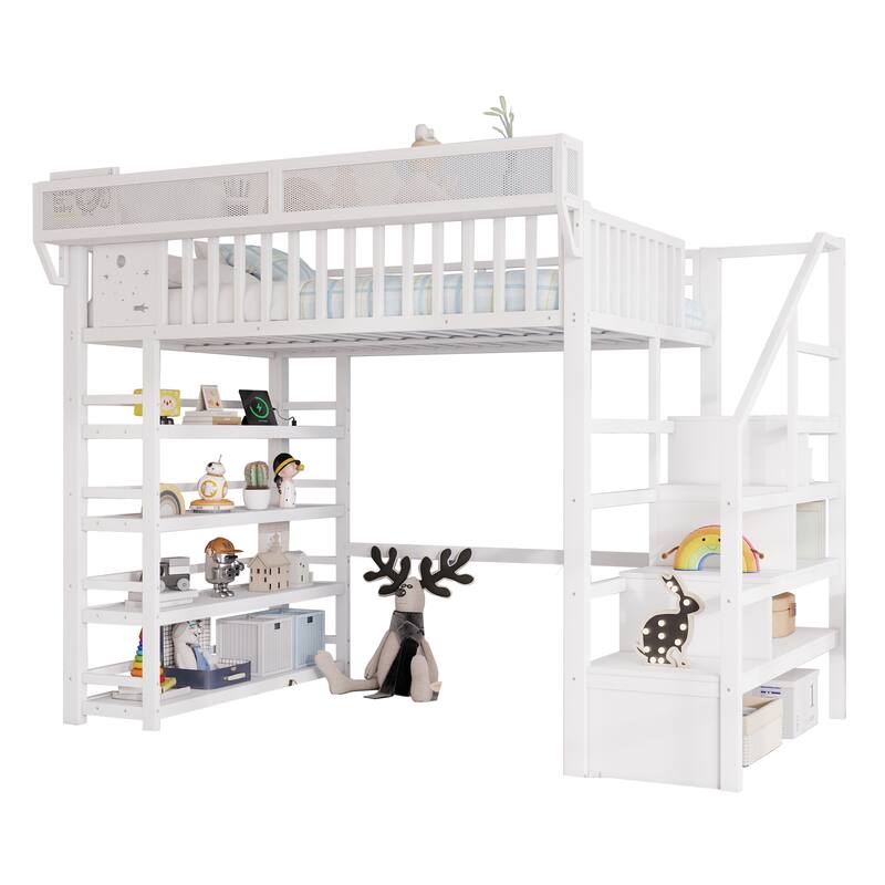Full Size Metal Loft Bed with Charging Station and 4-Shelf Storage, Kids & Teens Loft Bed with Storage Stairs