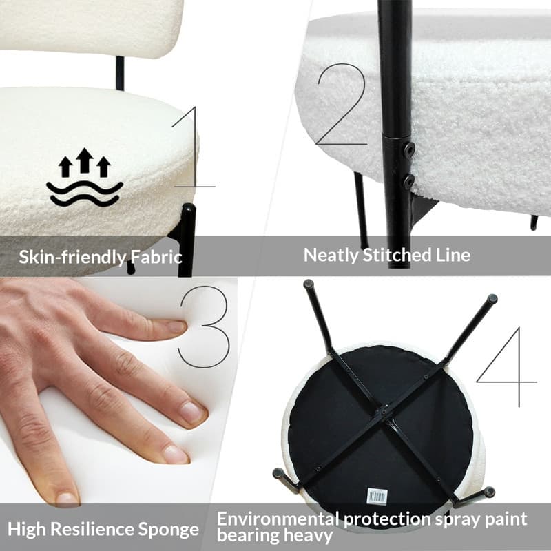 Mid-Century Modern Boucle Dining Chair - White Upholstered Curved Backrest with Black Metal Legs