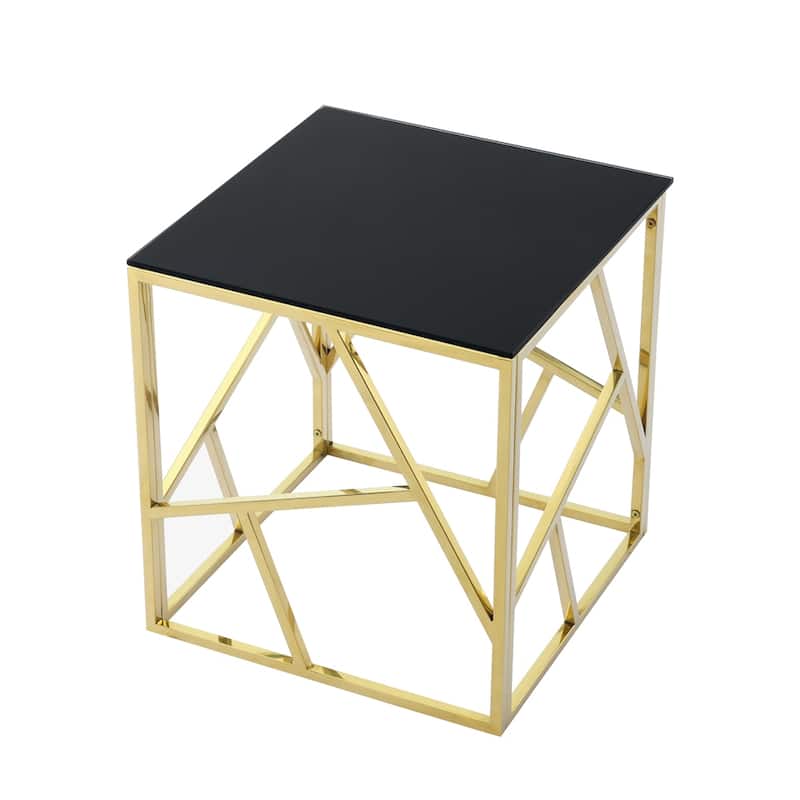 Metal Frame Tempered Glass End Table with Storage Space - Polished Golden