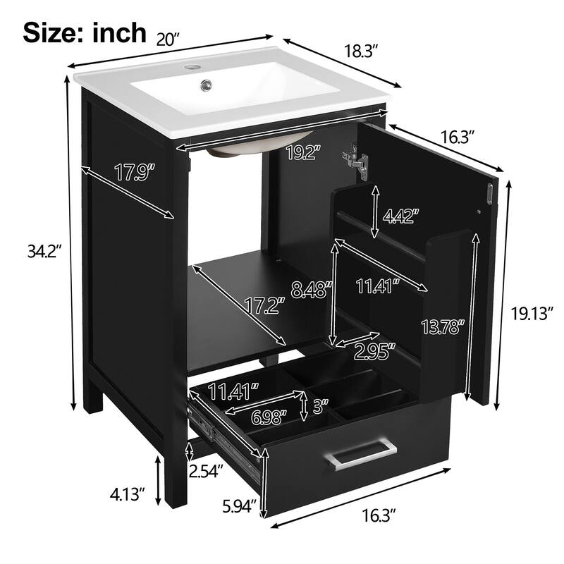 20" Small Bathroom Vanity with Ceramic Sink, Freestanding Storage Cabinet with Soft Close Drawer and Door Organizer