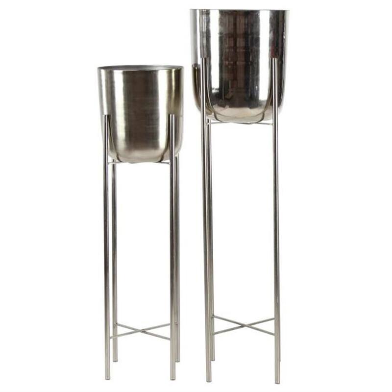 Large And Tall Contemporary Style Round Metallic Planters Set of 2