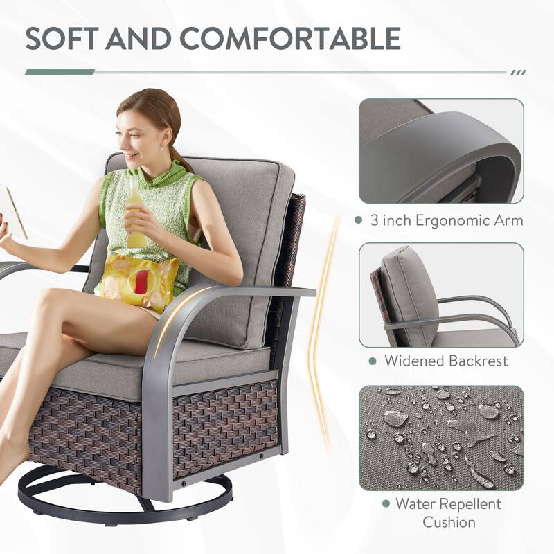 Outdoor Swivel Chair with Ottomans - Grey Cushion - Brown
