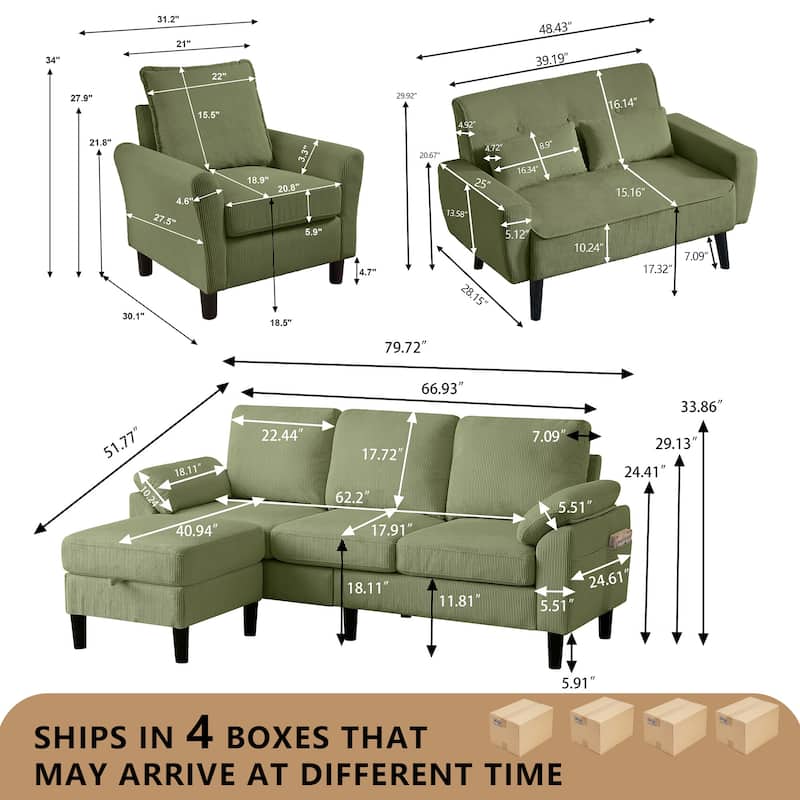 4-Piece Corduroy Living Room Sectional Sofa Set with Loveseat and Chair