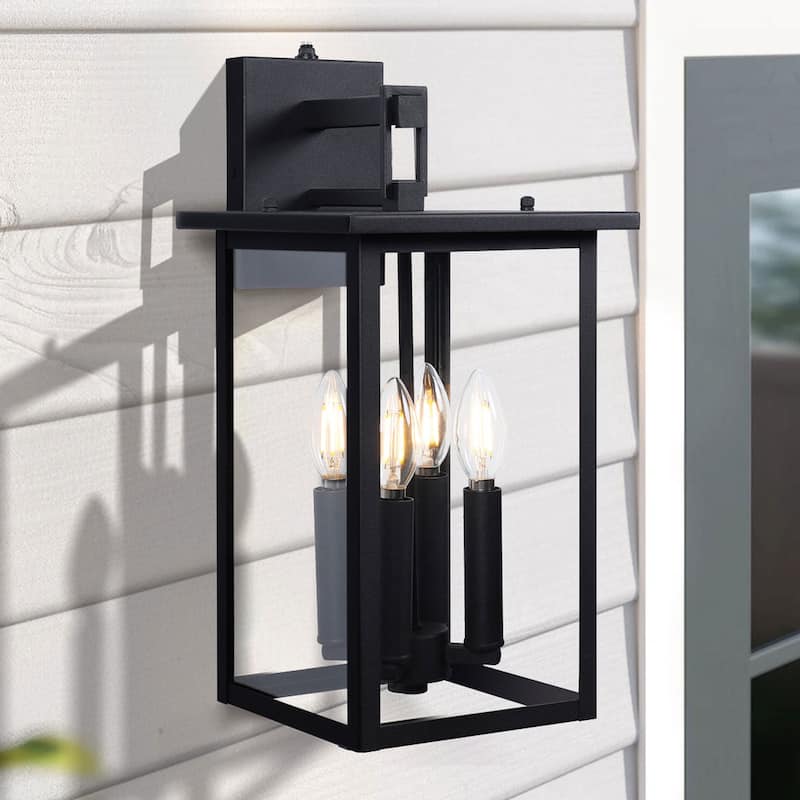 17.3"H 4-Light Outdoor Black Wall Lantern with Dusk to Dawn Sensor - W8.6" x D9.6" x H17.3"