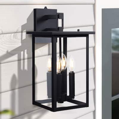 17.3"H 4-Light Outdoor Black Wall Lantern with Dusk to Dawn Sensor - W8.6" x D9.6" x H17.3"