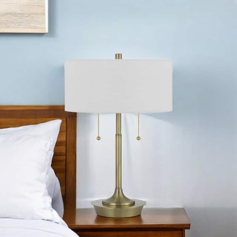 Antiqued Brass Metal Candlestick Table Lamp with White Drum Fabric Shade - 13” x 13” x 20” (D x W x H)