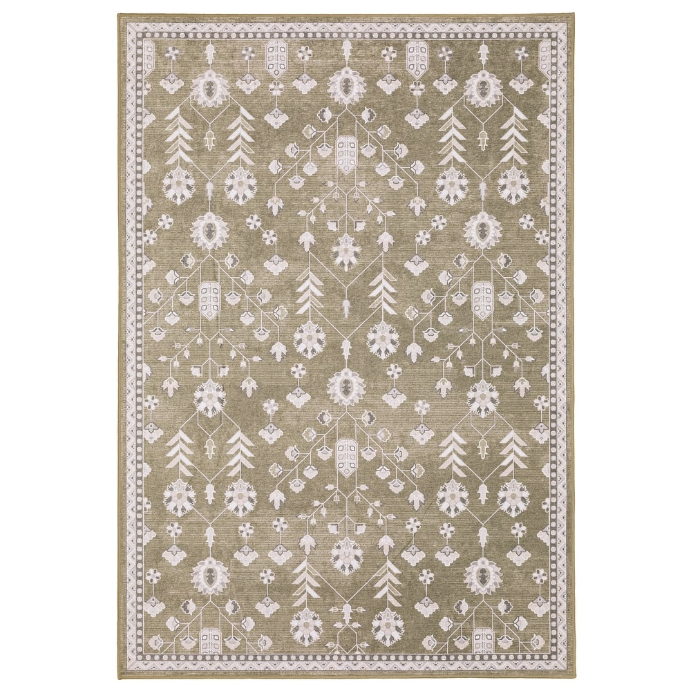 Addison Vintage Traditional Brown/ Ivory Printed Washable Flat Pile Rug