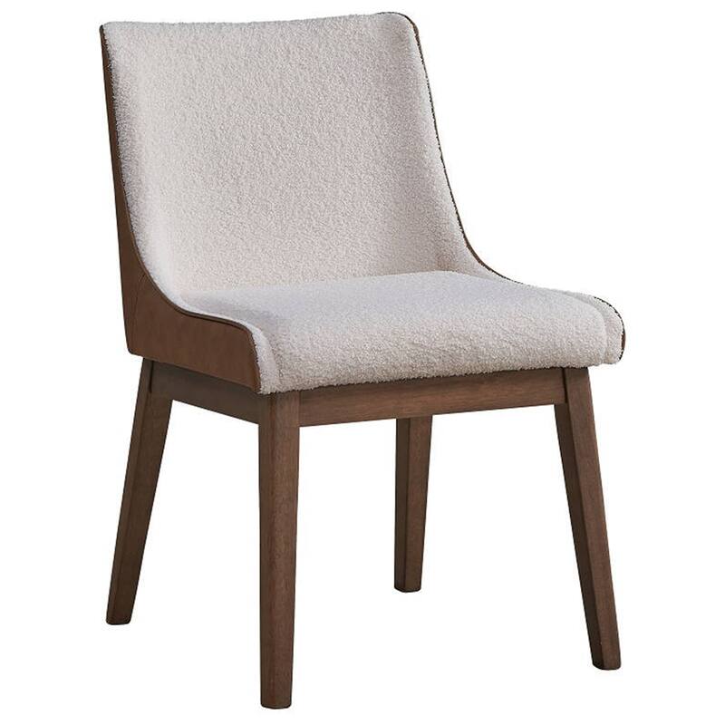 25 Inch Side Dining Chair Set of 2, Wingback, White Boucle, Walnut Brown