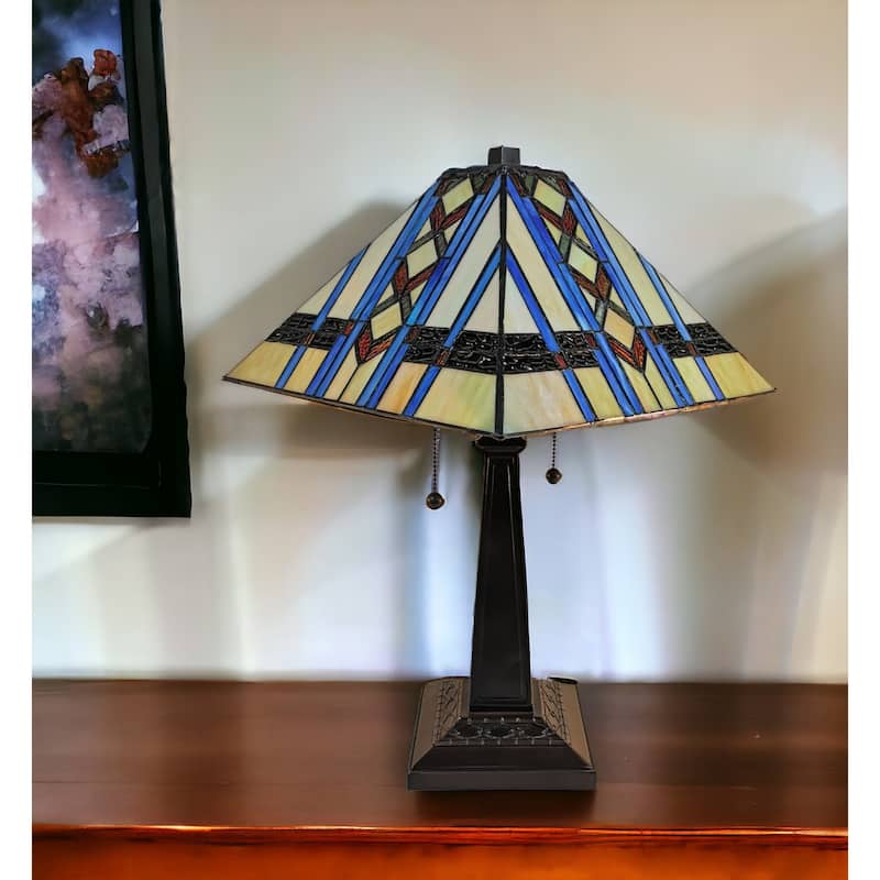 HomeRoots 22" Dark Brown Metal Two Light Candlestick Table Lamp With Blue Empire Shade - 21' X '22' X '11 - 21' X '22' X '11 - Blue