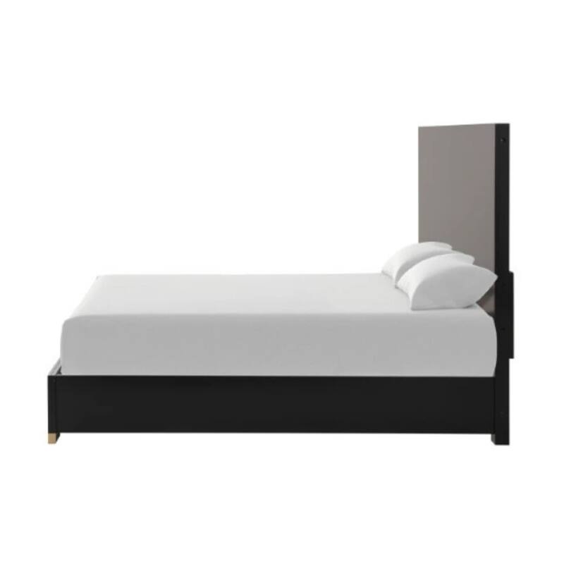 Goldie Queen Size Panel Bed, Black and Gold Pine Wood, Contemporary