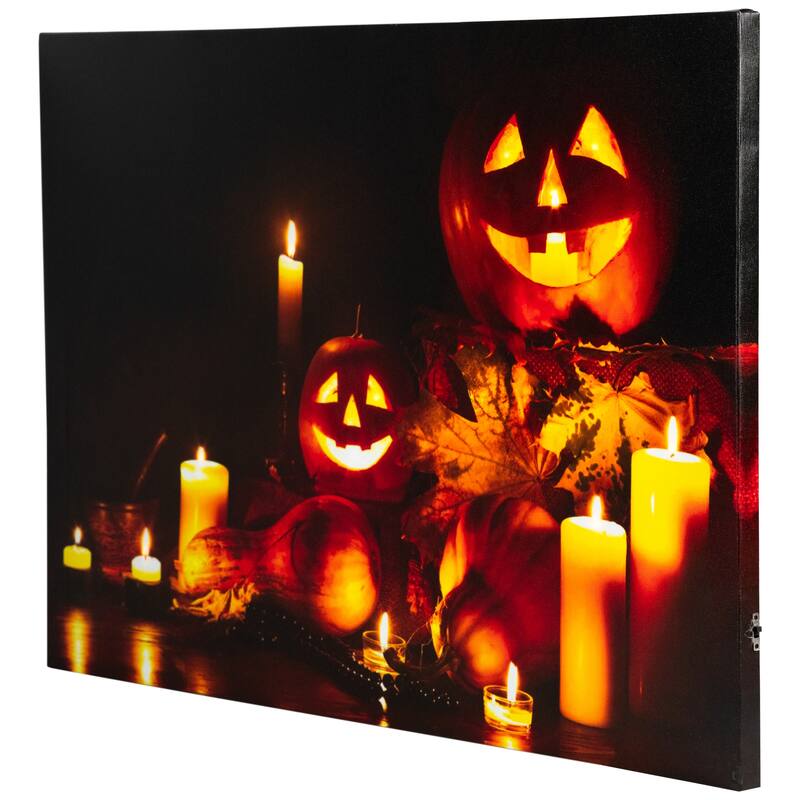 LED Jack-O-Lanterns & Leaves Halloween Canvas Wall Art 15.75"x23.5"