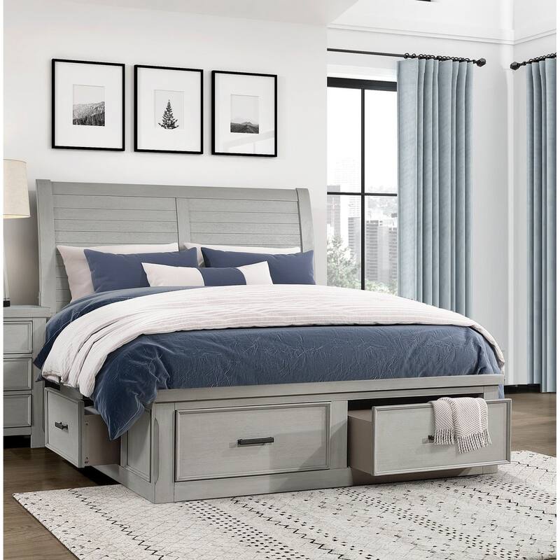 Platform Storage Bed Light Gray Finish Wooden Furniture 1pc