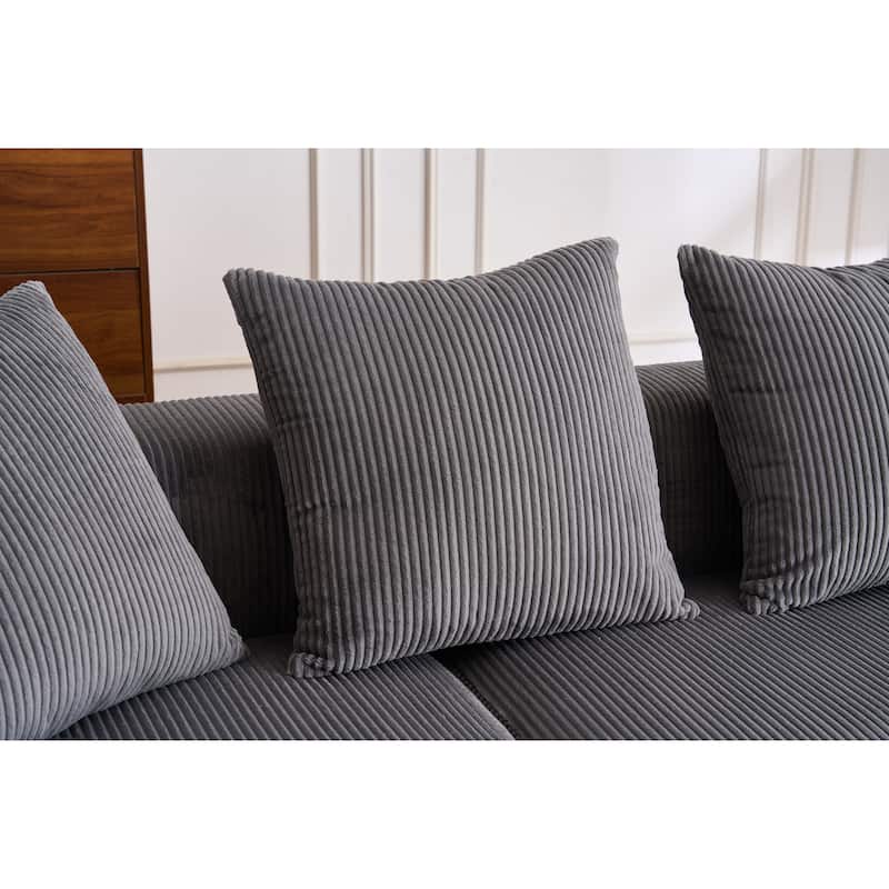 Grey Compression Sofa: Chaise Longue with 3 - Seater, Corduroy Fabric, Full Sponge, 4 Pillows