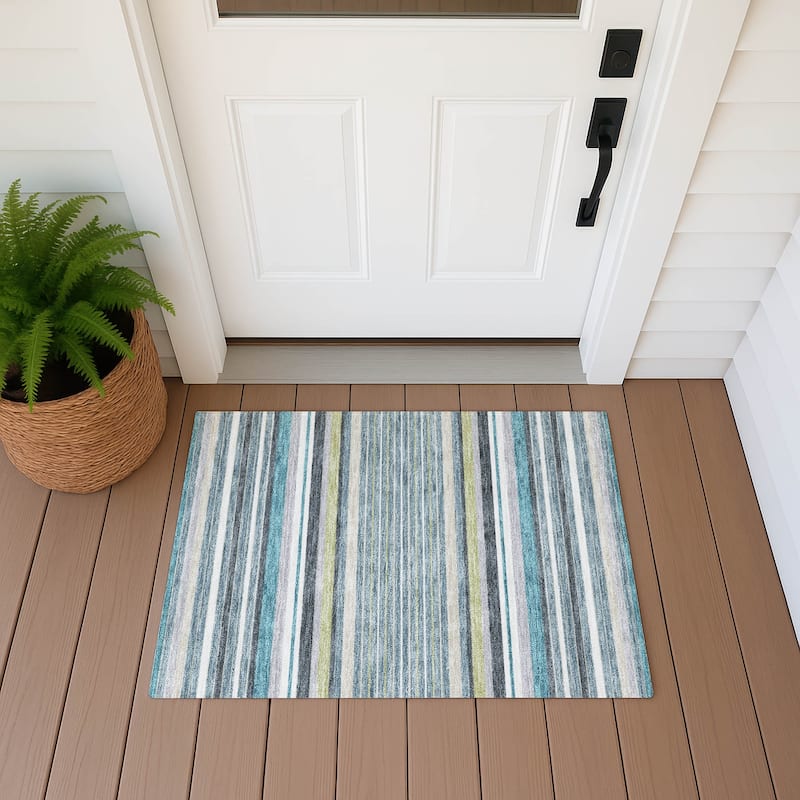 Machine Washable Indoor/ Outdoor Modern Stripes Chantille Rug - Teal - 1'8" x 2'6"