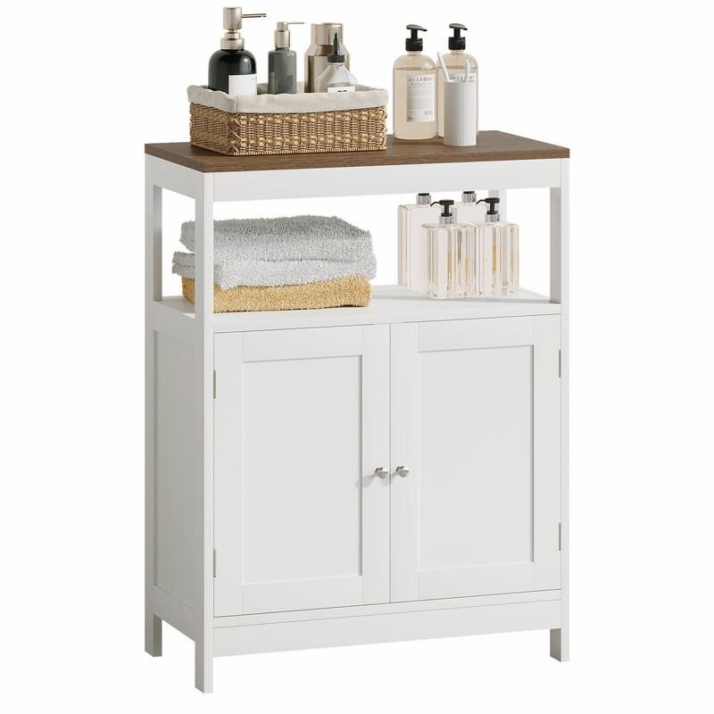 Modern Storage Cabinet with Double Doors, Freestanding Wood Organizer with Open Shelf and Natural Wood Top