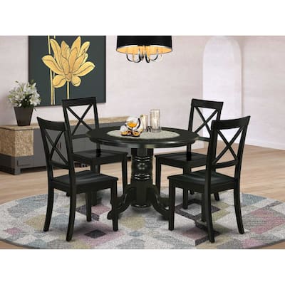 HomeStock 5-Piece Round Black Finish Solid Wood Top Dining table with 4 Chairs with Lattice Back