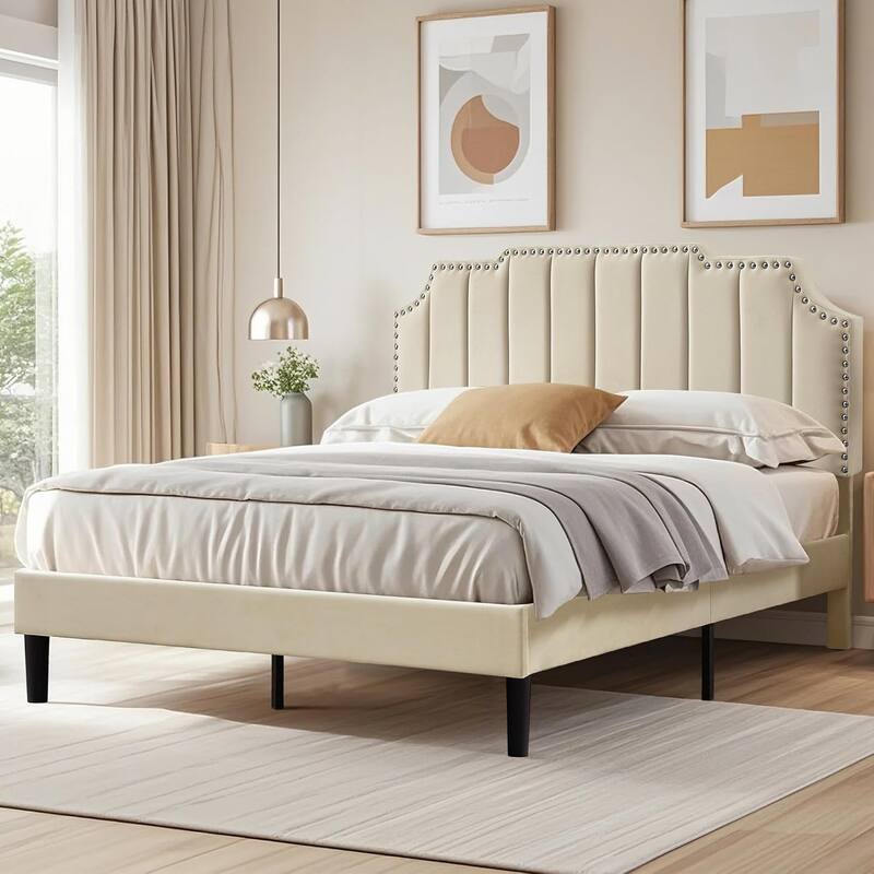 VECELO Upholstered Bed Frame with Nailhead Trim Adjustable Height Headboard, Twin/Full/Queen Size Bedframes