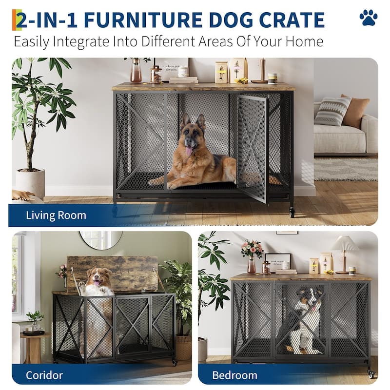 Dog Crate Furniture, Rolling 48 Inch Indoor Dog Crate with Potty Tray