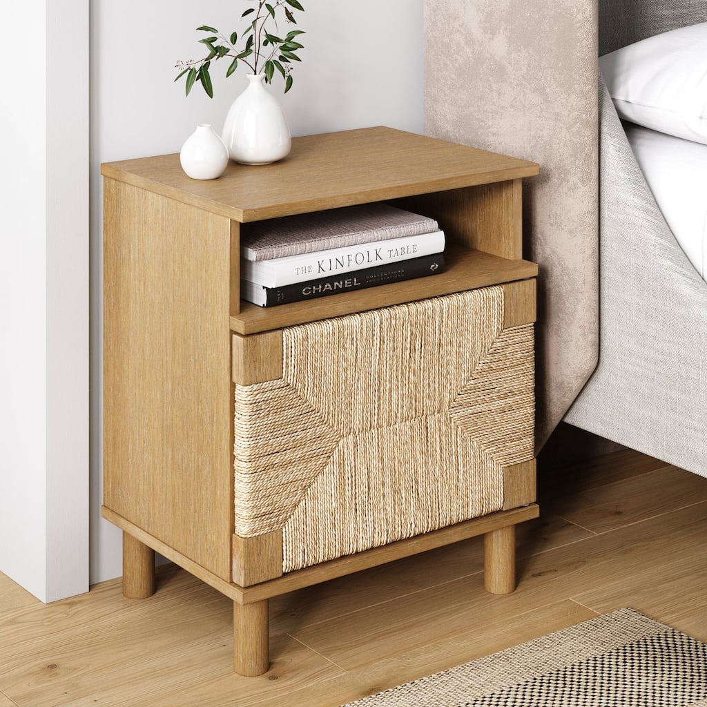 Beacon Wood Nightstand, Bohemian Accent Table or Sofa Side Table with Seagrass Door for Bedroom or Living Room