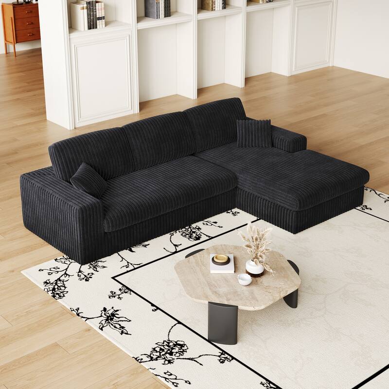 L-Shaped Sectional Sofa with Chaise Lounge, Corduroy Modular Foam Sofa, Upholstered Sofa with 2 Cushion & 2 Throw Pillows