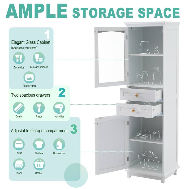 Tall Bathroom Storage Cabinet with Glass Doors and Adjustable Shelves