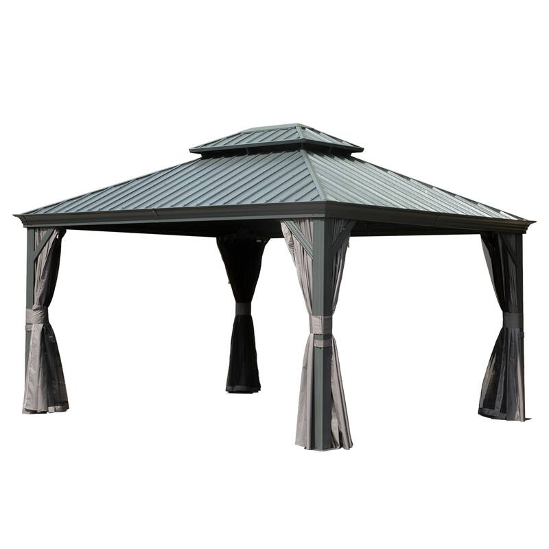 10' X 14' Hardtop Gazebo with Galvanized Steel Roof, Aluminum Frame, Curtains, and Netting for Outdoor Use