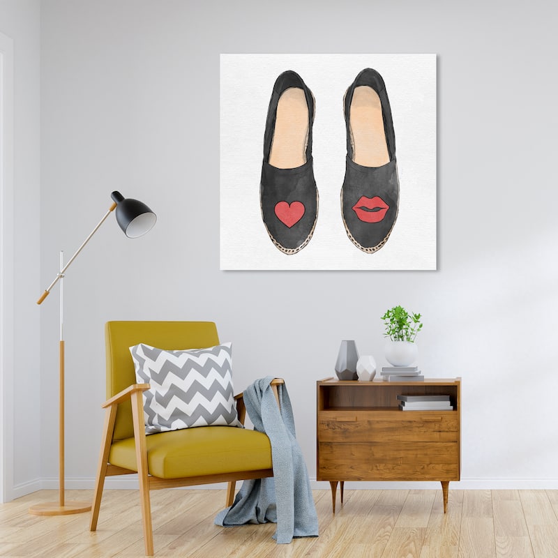 Wynwood Studio Canvas Fashion and Glam Heart And Kiss Slippers Black and Light Red Glam Wall Art Canvas Print - 30 x 30