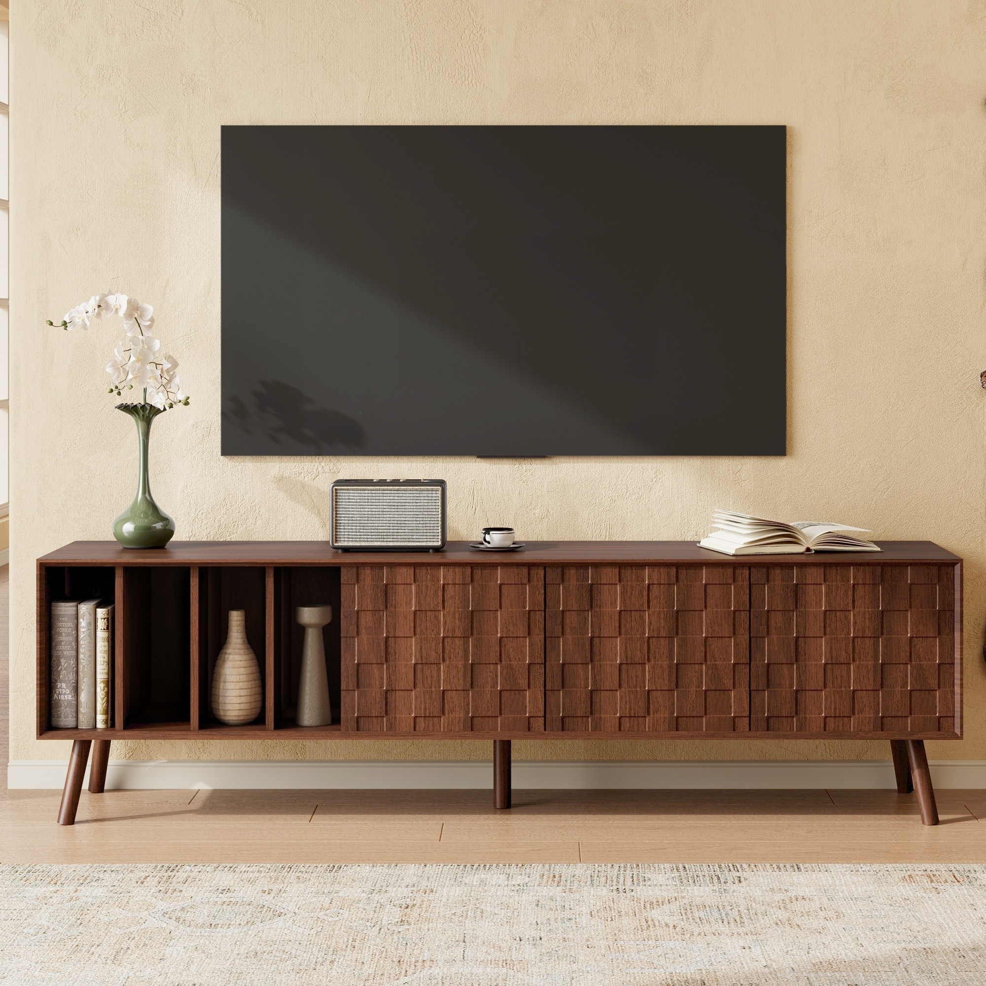 GDFStudio Ulysses Mid-Century Wood TV Stand with Solid Wood Legs and Cabinet Storage