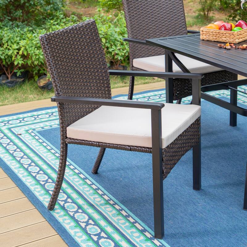 MAISON ARTS 7-Piece Patio Dining Set Printed Wood-grain Table & Rattan Dining Chairs