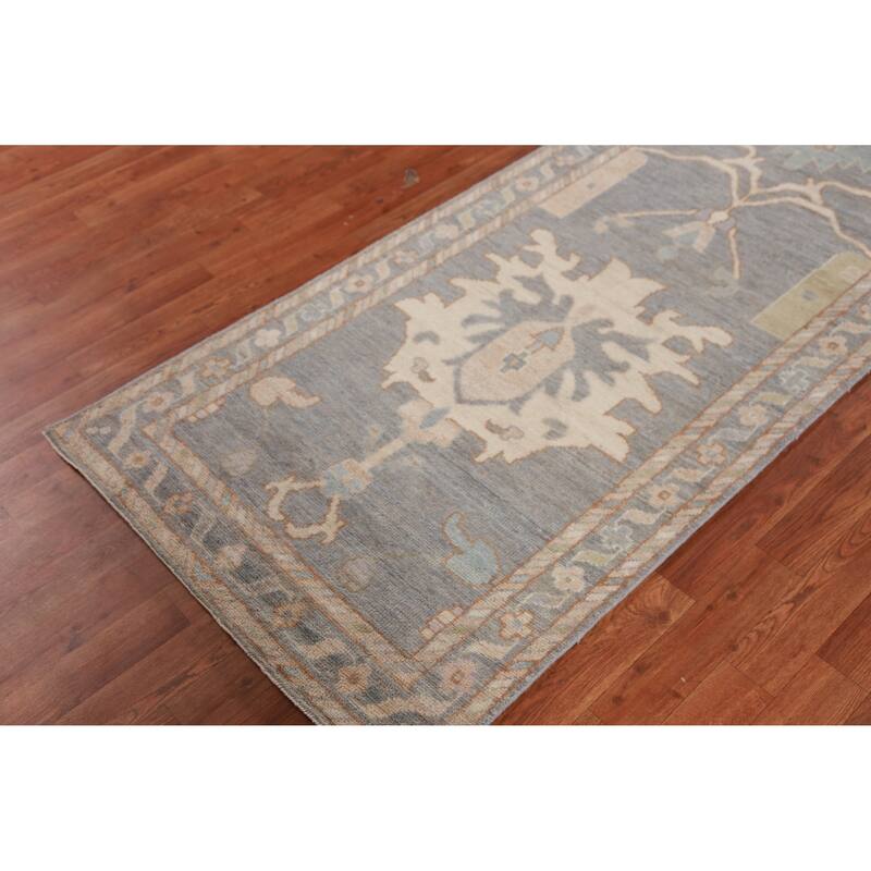 Hand Knotted Oriental 100% Wool Carpet Transitional Floral Greys & Charcoal Oushak Runner Rug - 11' 10'' X 3' 0''