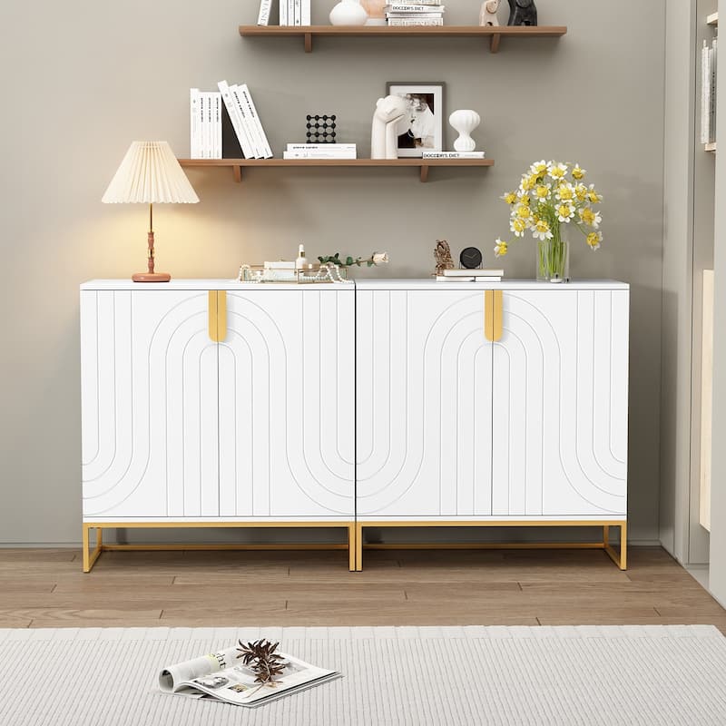 Modern White Wood Accent Cabinet,2 Door with Gold Legs for Living Room
