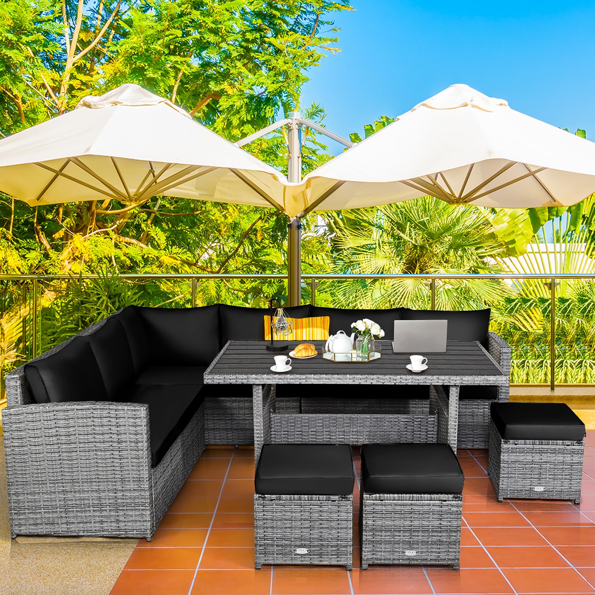 Black rattan corner cheap sofa dining set