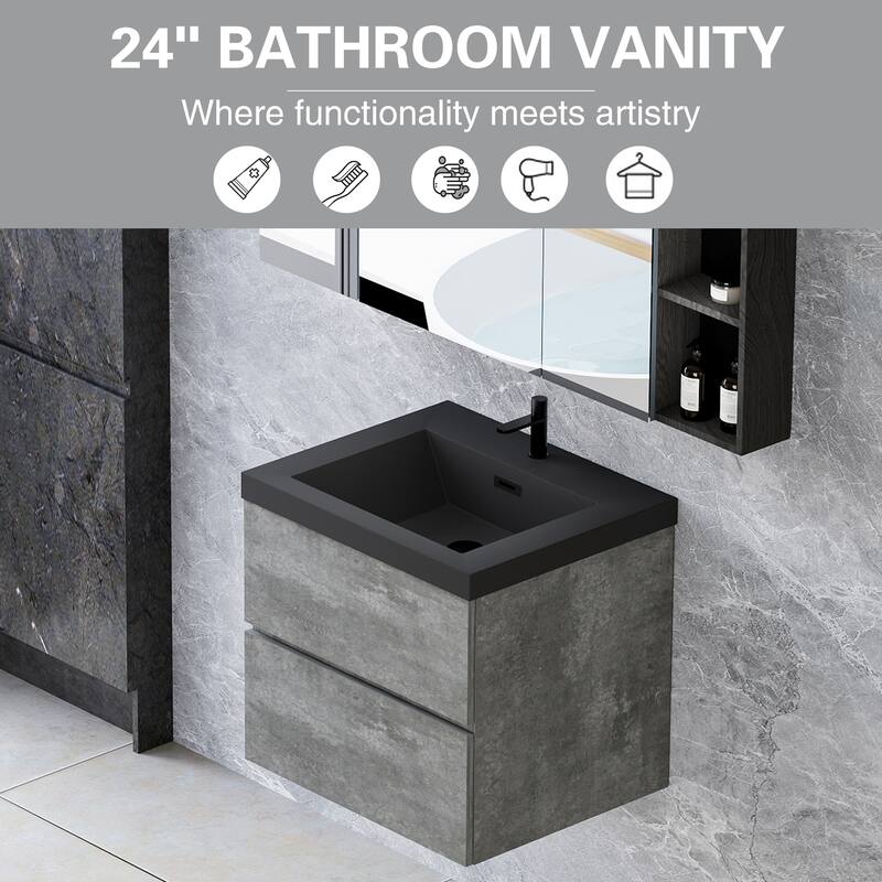 36" Wall-Mounted Floating Vanity with Premium Quartz Sand Basin, Grey Modern Storage Cabinet