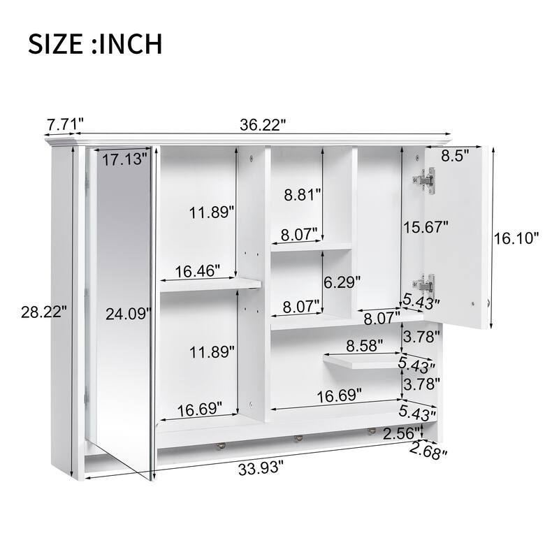36 Inch Wall Mounted Medicine Cabinet, Bathroom Storage Cabinet with Mirror Door and Adjustabl Shelf