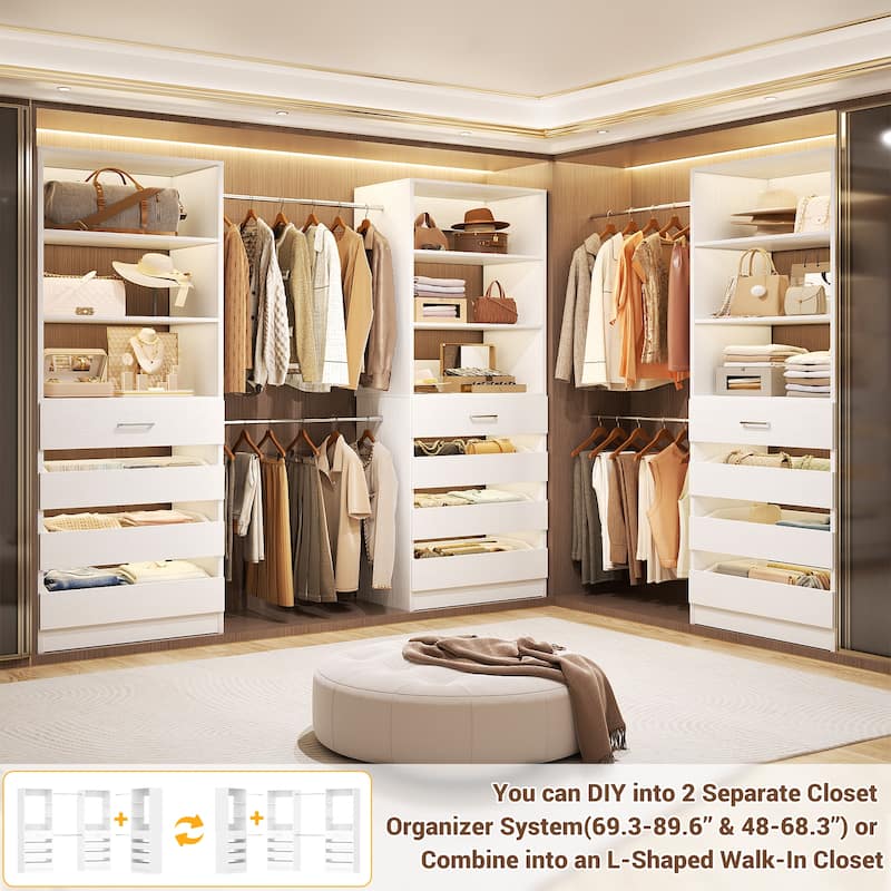 140'' Walk-in Closet Organizer System with 12 Drawers ＆ 4 Hanging Rods, 8.5-11.5FT Wooden Wardrobe Clothes Rack with 3 Towers
