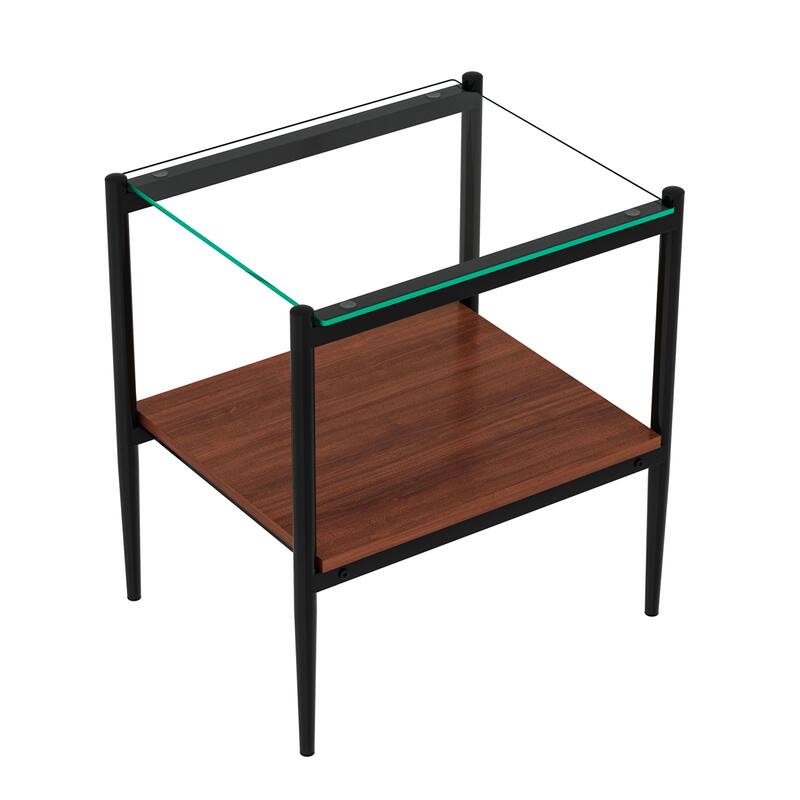 Set of 2 Rectangle End Table Tempered Glass Tabletop with MDF layer