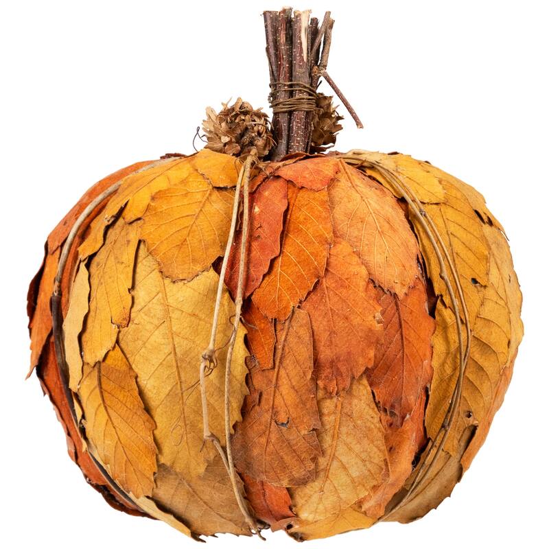 Layered Leaves and Twigs Fall Harvest Pumpkin with Pinecones - 7.5" - Orange