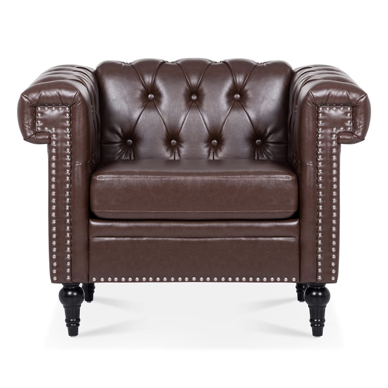 Brown PU Modern 38.98" Upholstered Buttons Tufted Accent Chair with Gourd Shaped Birch Legs and Nailheads