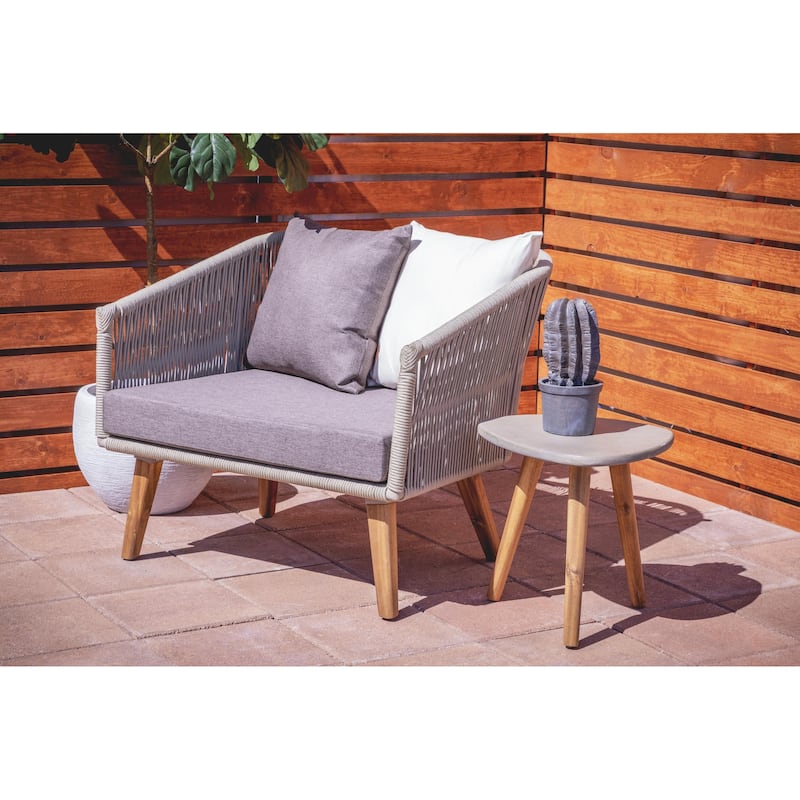 Gray Concrete Inspired Oval End Table Outdoor Accent Table with Brown Tapered Wood Legs - Accent Table - 16"W, 16"H