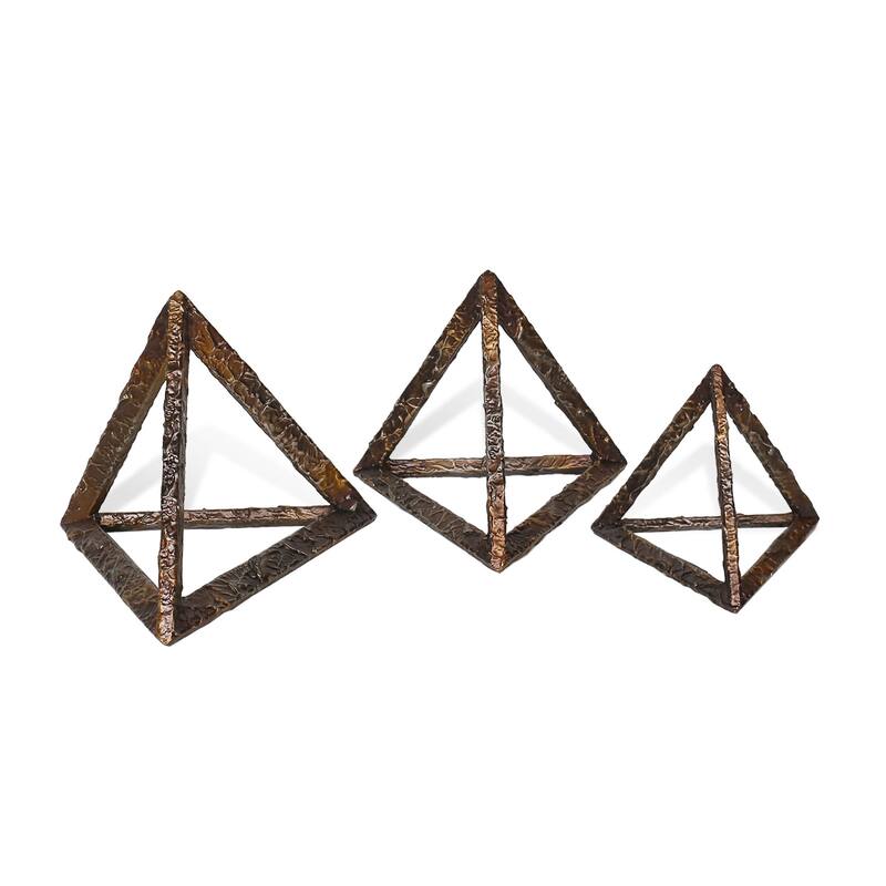 HomeRoots Set of Three Bronze Metal Pyramid Tabletop Sculptures - 9.5' X '8' X '8.25