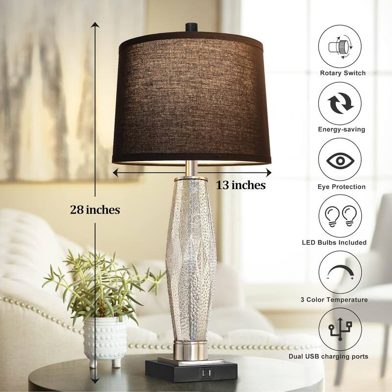 Table Lamps Set of 2, Bedroom Lamp with USB A+C Charging Ports, Modern Glass Beside Lamps for Living Room