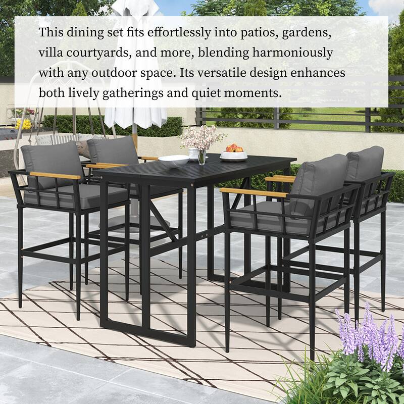 Acacia Wood & Iron Dining Set with Cushions, 400LB Capacity, 5 Pcs